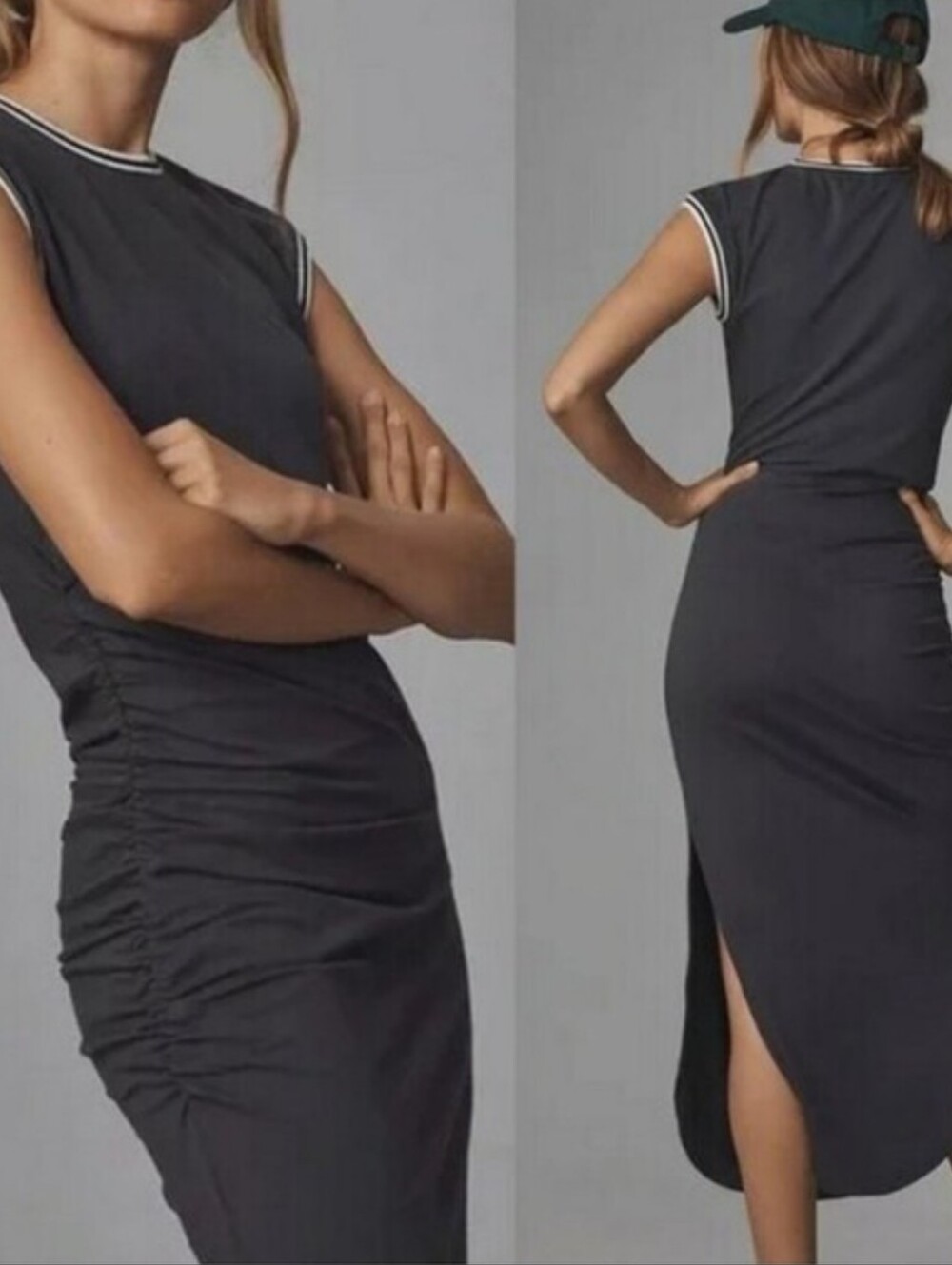 Daily Practice/Anthropologie. Sleeveless Gray Ruched Midi Dress with Side Slit